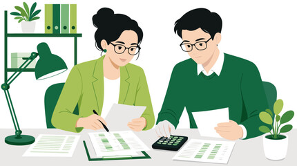 Obraz premium Clean flat vector illustration on a light background showing two coworkers reviewing financial documents and using a calculator, ideal for accounting, tax, or office teamwork marketing.
