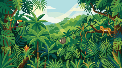 Fototapeta premium Clean flat vector illustration on a light sky background shows a lush tropical rainforest with toucan, monkeys, sloth, and jaguar, suited to wildlife education.