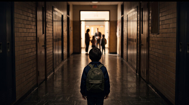 A young student with a green backpack walks alone through a dark, narrow school hallway towards a group of people in the bright distance.