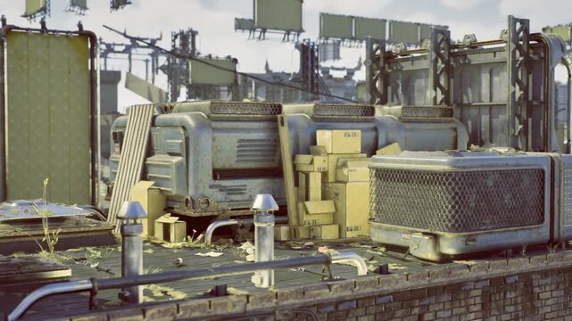 sunlit rooftop condensers and vents catching warm glow, metal textures highlighted, service walkways and brackets visible, calm lateafternoon urban mood
