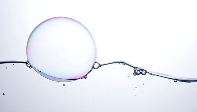 Transparent soap bubble floating on water surface, iridescent shimmer and liquid ripples, refreshing purity and serenity