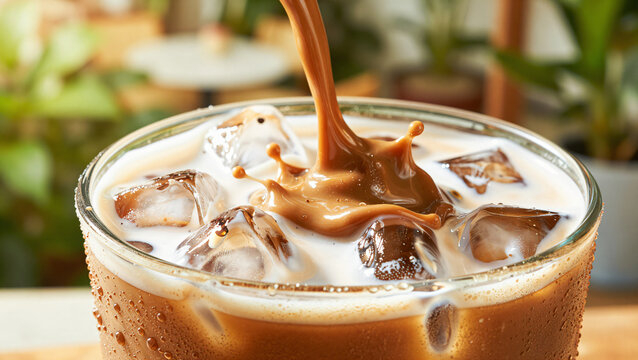 Dynamischer Kaffeespritzer beim Eingie&szlig;en in Eiskaffee