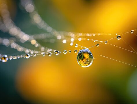 Macro photograph of a spiderweb adorned with glistening dew drops reflecting yellow light