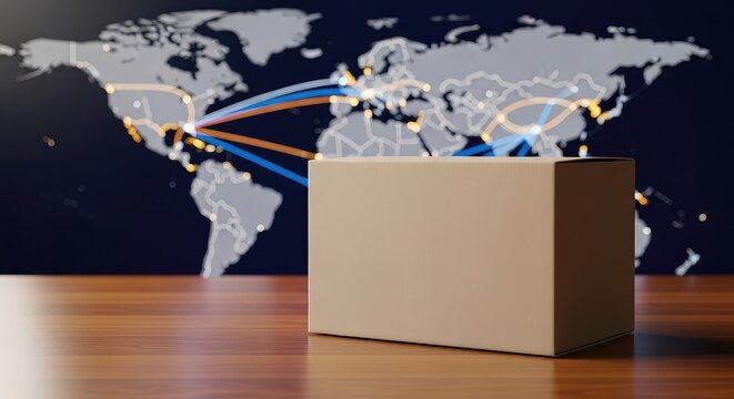 A generic cardboard package sits on a wooden desk before a blurred global map with glowing paths showing global shipping and commerce, marketplace, distribution, trade