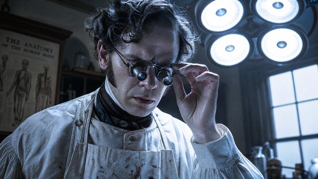 Victorian Surgeon with Steampunk Magnifying Goggles in Vintage Laboratory