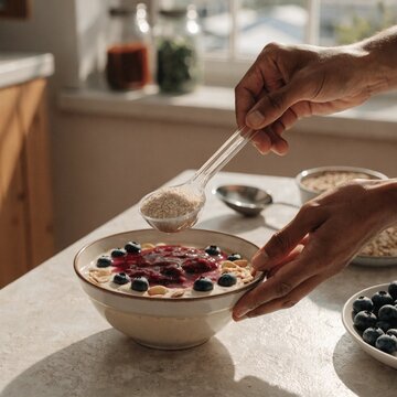 Close-up of hands measuring grains over a colorful healthy breakfast bowl topped with berries and nuts in a sunlit kitchen, showcasing nutrition, preparation, balance, and wholesome living