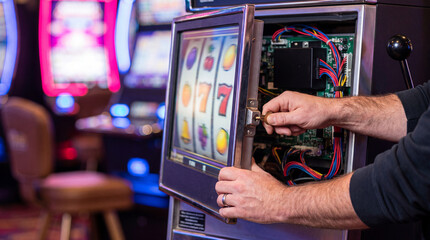 Naklejka premium Casino maintenance worker opening slot machine housing for internal repair