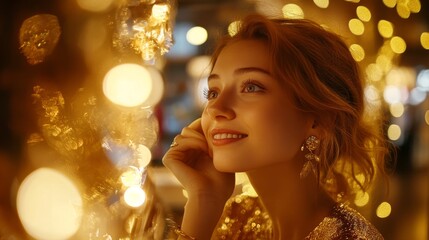 Fototapeta premium Young woman smiles warmly while illuminated by the soft golden glow of bokeh city lights during a festive evening.