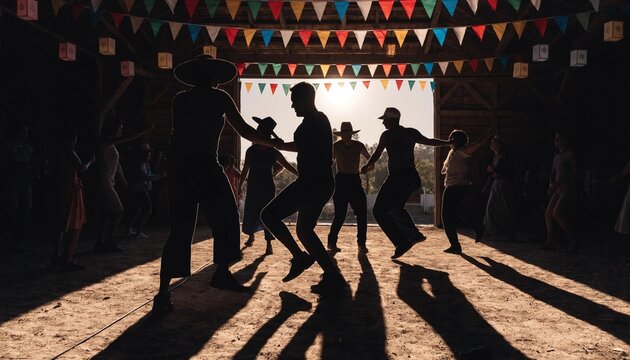 Silhouettes of people dancing at a festive Brazilian Festa Junina celebration under colorful triangle bunting flags and warm backlight, ideal for cultural event promotions.