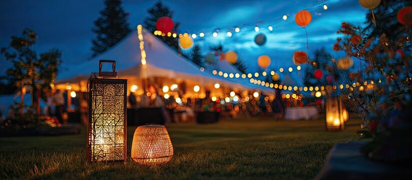 Illuminated evening outdoor gathering under a tent with lanterns and string lights