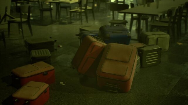 Abandoned canteen crates piled, dusk light slants through high windows, chairs stacked, plastic bins dusty and weathered, stray wrappers and silent atmosphere