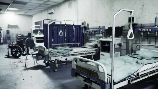 quiet empty hospice ward revealing unoccupied beds, idle wheelchair and folded blankets, soft but cold ambient light, scattered medical instruments on bedside