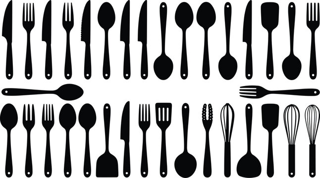 Kitchen utensils silhouette collection with knives, forks, spoons, spatulas, and whisks arranged in rows, minimalist black design for culinary and cooking concept