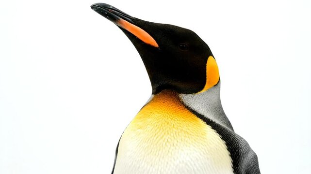 Close-up portrait of a king penguin with a black head, orange beak, and yellow markings against a white background