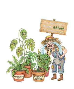 Funny Illustration of a Crying Gardener Watering Melodramatic Houseplants and Sad Monstera