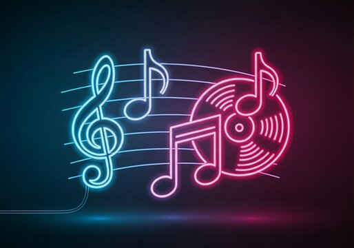 Neon Music Notes on Staff in Dark Studio