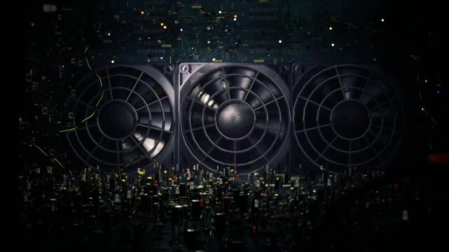 colossal exhaust fans over silent skyline, distant towers punctuated by scattered lights, mist and drifting particles catch teal illumination, heavy metallic
