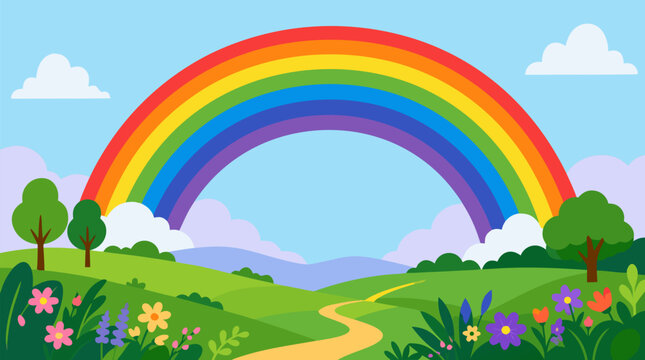 Clean flat vector illustration on a light background shows a bright rainbow over green hills, flowers, trees, and a winding path for cheerful nature designs.