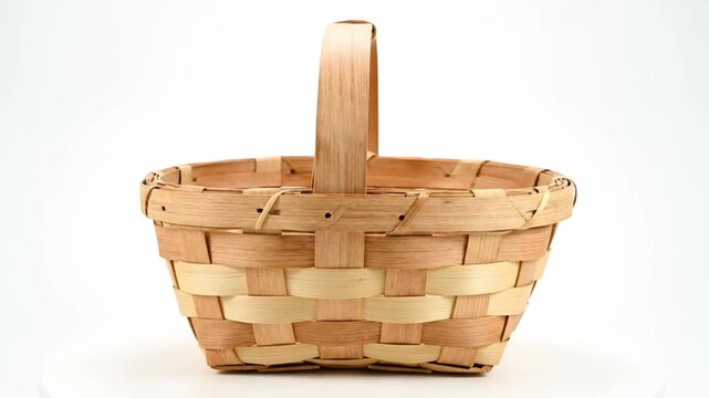 Handcrafted woven wooden basket with handle against a clean white backdrop, capturing natural textures