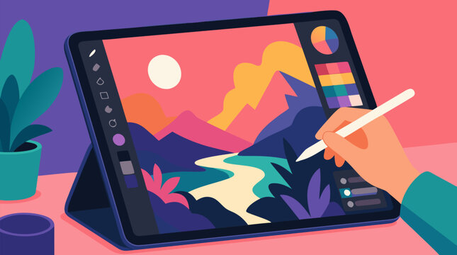 Clean flat vector illustration on a light background showing a hand using a stylus on a drawing tablet, perfect for creative software ads and design tutorials.