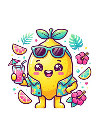 Fototapeta premium Cute Anthropomorphic Lemon Character on Summer Vacation Wearing Sunglasses and a Floral Hawaiian Shirt with a Tropical Cocktail