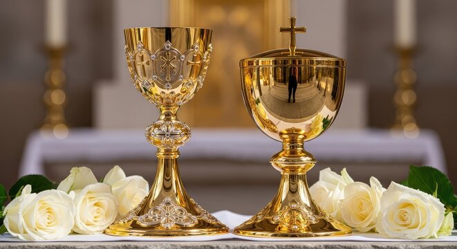 An ornate golden chalice and ciborium rest on a stone altar surrounded by fresh white roses, representing a solemn religious ceremony, altar, metallic, chalice