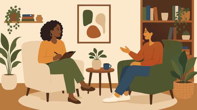 Clean flat vector illustration on a light background shows a therapist taking notes while speaking with a client in a cozy room, suitable for mental health services.