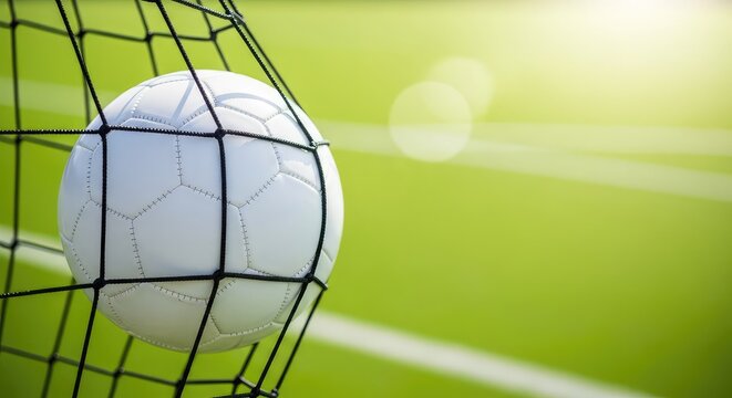 Close up of a white soccer ball caught in the black goal net. The background shows a bright, sunlit green field with soft bokeh light, goal, sport, light