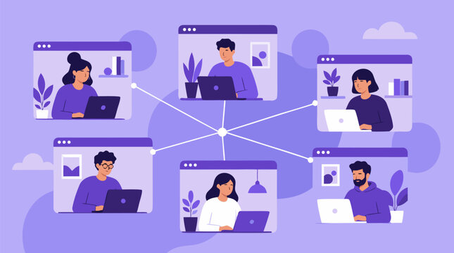 Clean flat vector illustration on a light purple background showing connected remote workers in web windows, ideal for teamwork and online collaboration campaigns.