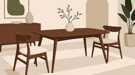 Fototapeta premium Clean flat vector illustration on a light background showing a warm dining room with wooden table, chairs, sideboard, plants, and art for interior decor promotion.