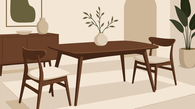 Clean flat vector illustration on a light background showing a warm dining room with wooden table, chairs, sideboard, plants, and art for interior decor promotion.