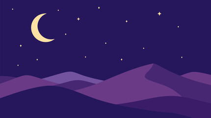 Fototapeta premium A clean flat vector illustration of a crescent moon over purple desert mountains and a starry night sky, ideal for calm travel banners or bedtime backgrounds.