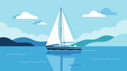 Fototapeta premium A clean flat vector illustration on a light blue background shows a sailboat gliding across calm water and mountains, ideal for travel or sailing promotions.