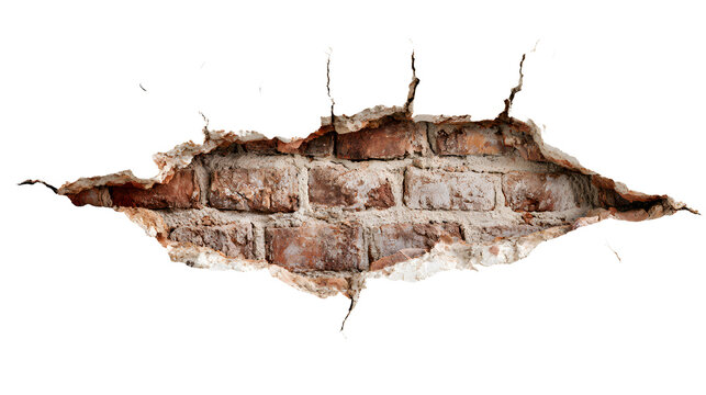 Cracked plaster wall revealing weathered red brick interior, isolated on white background