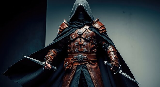 Detailed leather armor with hoods and daggers for a stealthy fantasy rogue, featuring intricate buckles, dark cloaks, and shadowy lighting, dark, strap, costume