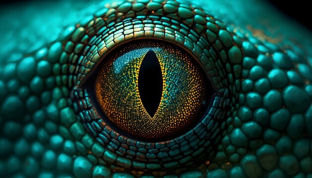 Abstract turquoise lizard eye macro background with glowing reptile scales 