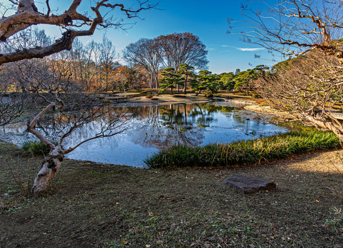 Beautiful pond and peaceful winter scenery at Ninomaru Garden in the Imperial Palace East Gardens December 2023