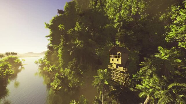 wooden treehouse hide overlooking river, elevated platform offering prime vantage for photography and wildlife observation, leaves framing scene, golden light