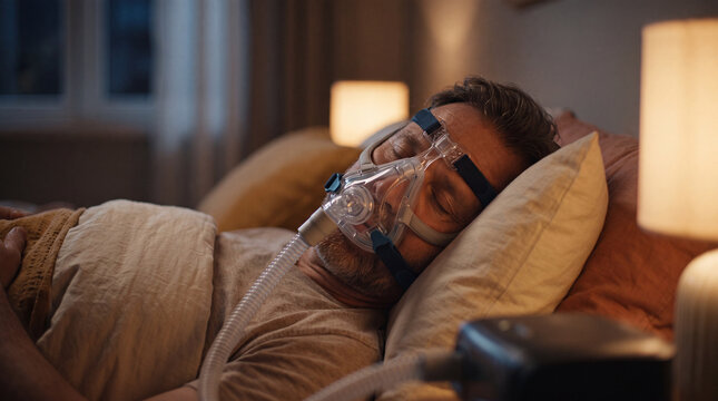 Middle aged man sleeping in bed while wearing a CPAP mask for sleep apnea treatment and respiratory health support at night in a dimly lit bedroom