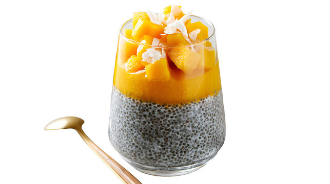 Delicious mango chia seed pudding in glass , healthy breakfast dessert with coconut flakes on white background