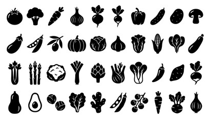 Obraz premium Black Vegetable Silhouette Icons Cartoon Organic Food Vector Illustration Set