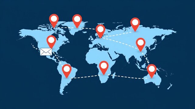 Animated World Map with Location Pins and Mail Icons Representing Global Logistics and Communication