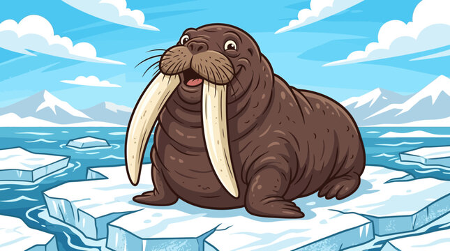 Cartoon walrus on ice floe water.