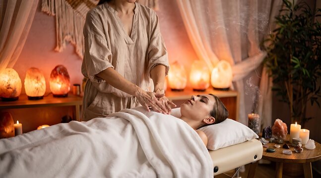 A woman receives a healing massage with her eyes closed, surrounded by glowing Himalayan salt lamps and candles, creating a serene and tranquil atmosphere.
