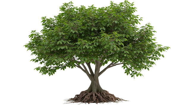 Mature deciduous tree with exposed root system and dense green foliage