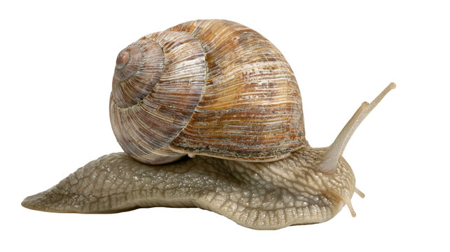 Garden snail with brown spiral shell on white