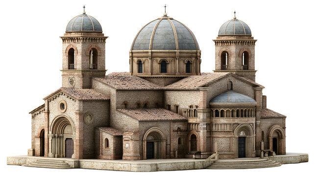 Detailed model of the Basilica di Sant Ubaldo isolated, Gubbio Italy, architectural miniature with dome and towers, no background, religious building