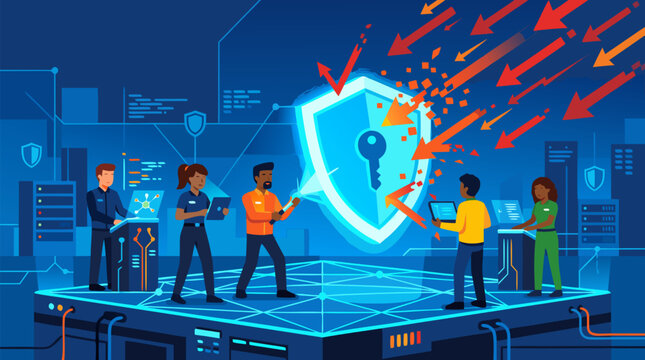 Clean flat vector illustration on a light background showing a cybersecurity team defending servers with a glowing shield, ideal for data protection marketing.