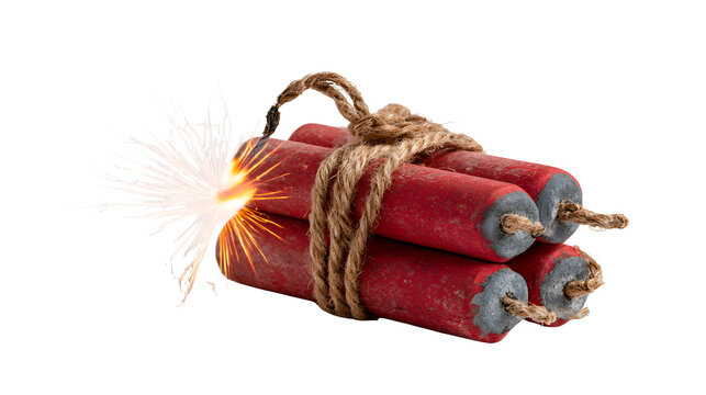 Dynamite sticks white background, explosive device with burning fuse for danger and demolition