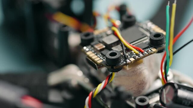 Technician soldering components onto circuit board of disassembled fpv drone